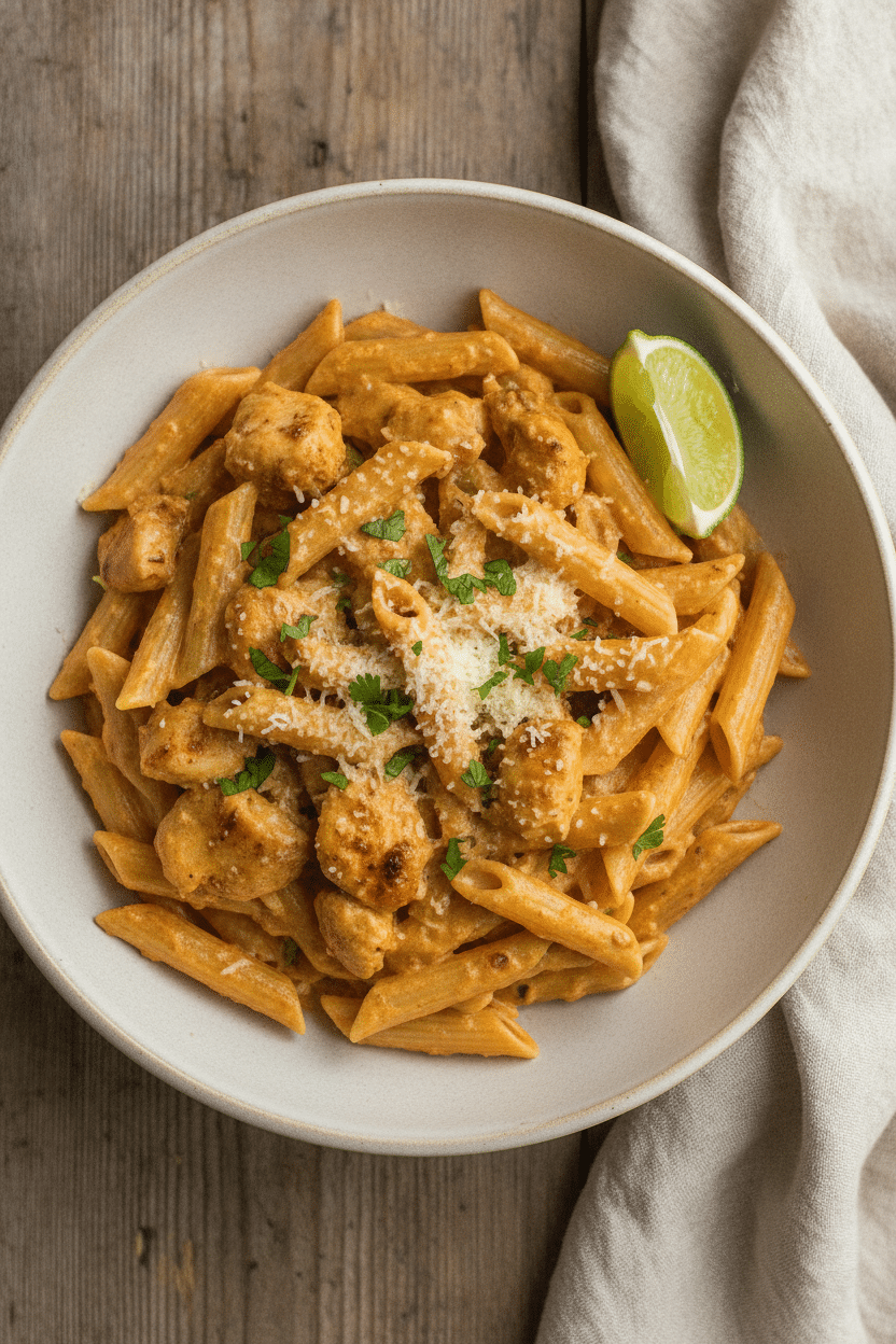 Creamy chipotle chicken pasta in a wide, shallow cream-colored ceramic bowl