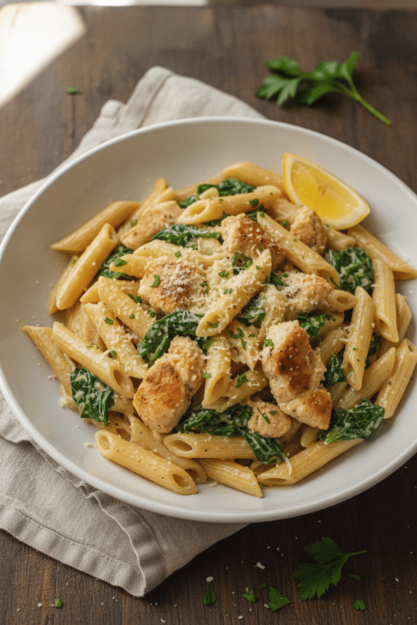 Photo-style overhead three-quarter view of finished creamy cowboy butter chicken pasta served in a wide white shallow…