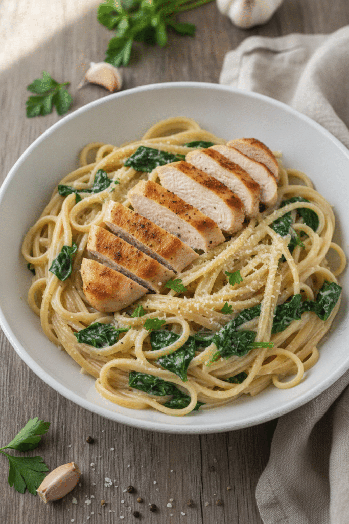 Photo-style overhead three-quarter view of creamy garlic herb chicken pasta plated in a wide white bowl, glossy linguine…