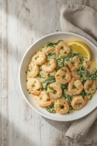 Photo-style overhead three-quarter view of finished creamy lemon spinach shrimp arranged in a shallow white bowl, plump…