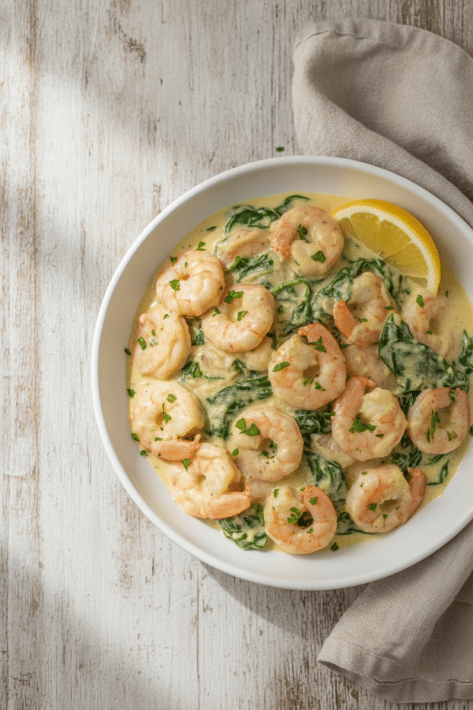 Photo-style overhead three-quarter view of finished creamy lemon spinach shrimp arranged in a shallow white bowl, plump…