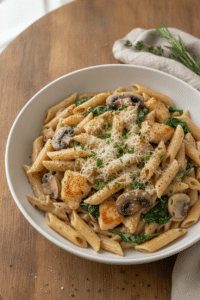 Photo-style overhead three-quarter view of finished creamy mushroom chicken pasta in a wide white ceramic bowl, penne…