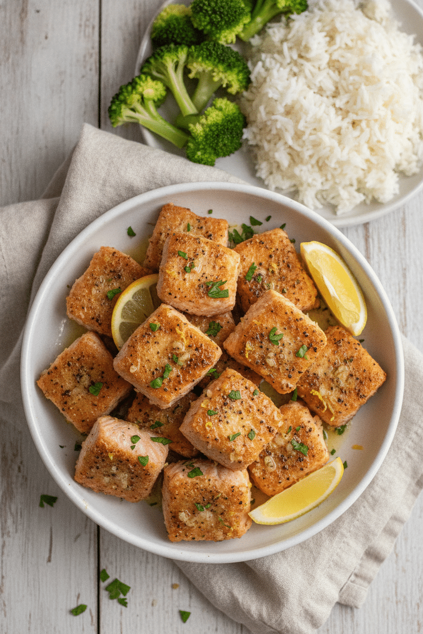 Crispy lemon pepper salmon bites arranged in a shallow white bowl, golden browned edges