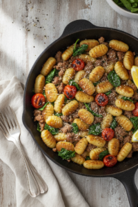 Crispy Skillet Gnocchi with Sausage and Spinach: crispy golden pan-fried potato gnocchi with crumbled Italian sausage,…