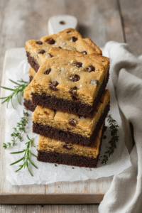 Easy Brookie Bars: square brookie bars stacked on a sheet of crinkled parchment on a light wooden board, fudgy dark…
