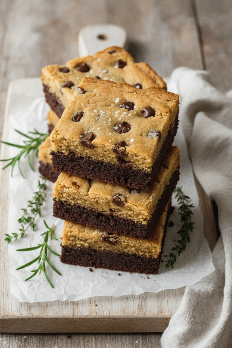 Easy Brookie Bars: square brookie bars stacked on a sheet of crinkled parchment on a light wooden board, fudgy dark…
