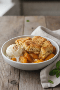 Easy Canned Peach Cobbler: finished canned peach cobbler served in a shallow white ceramic bowl, golden craggy biscuit…