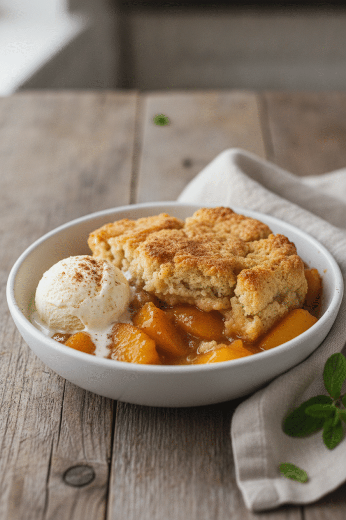 Easy Canned Peach Cobbler: finished canned peach cobbler served in a shallow white ceramic bowl, golden craggy biscuit…