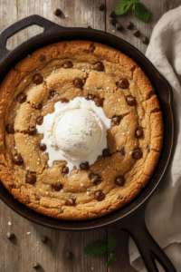 Easy Chocolate Chip Skillet Cookie: golden chocolate chip skillet cookie baked in a well-seasoned 10-inch cast iron…