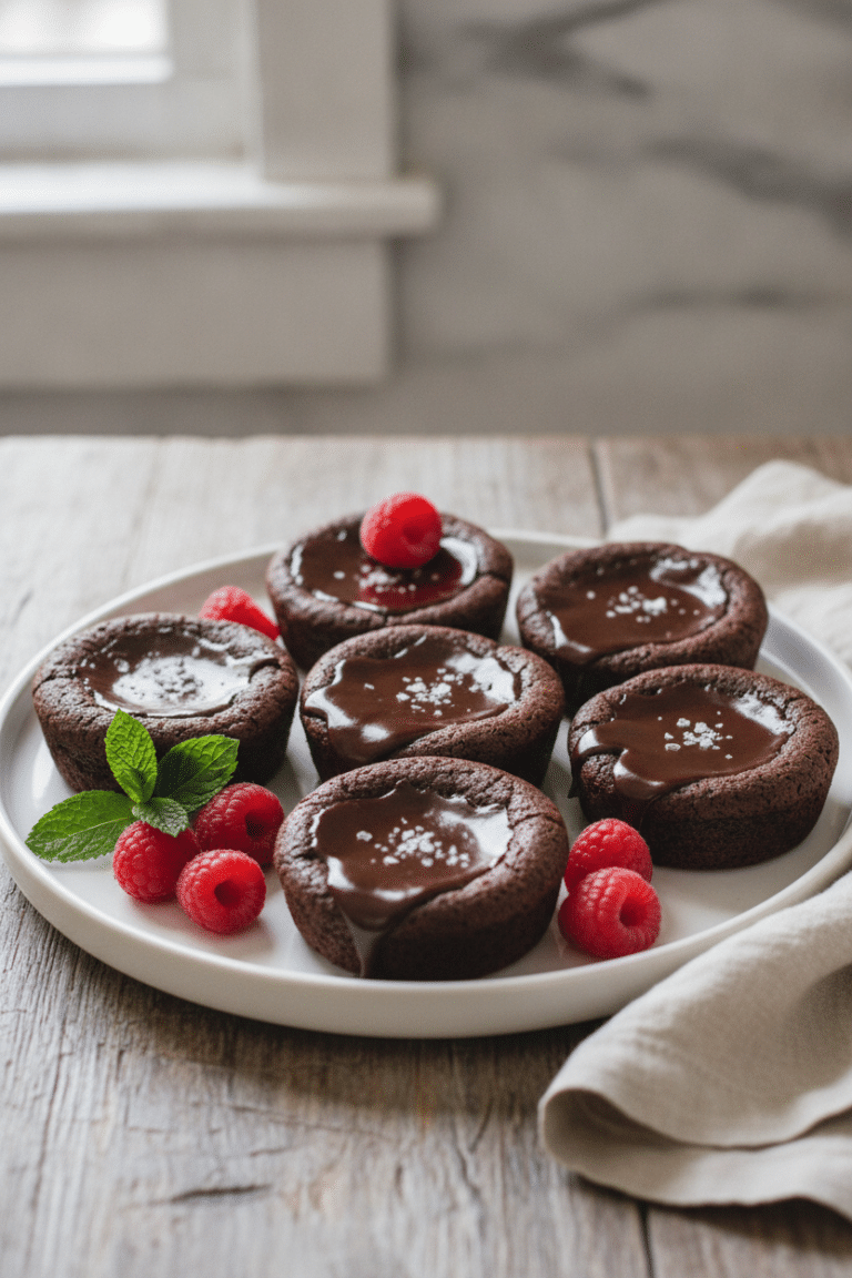 Easy Chocolate Ganache Brownie Cups: finished chocolate ganache brownie cups on a white ceramic platter, glossy dark…