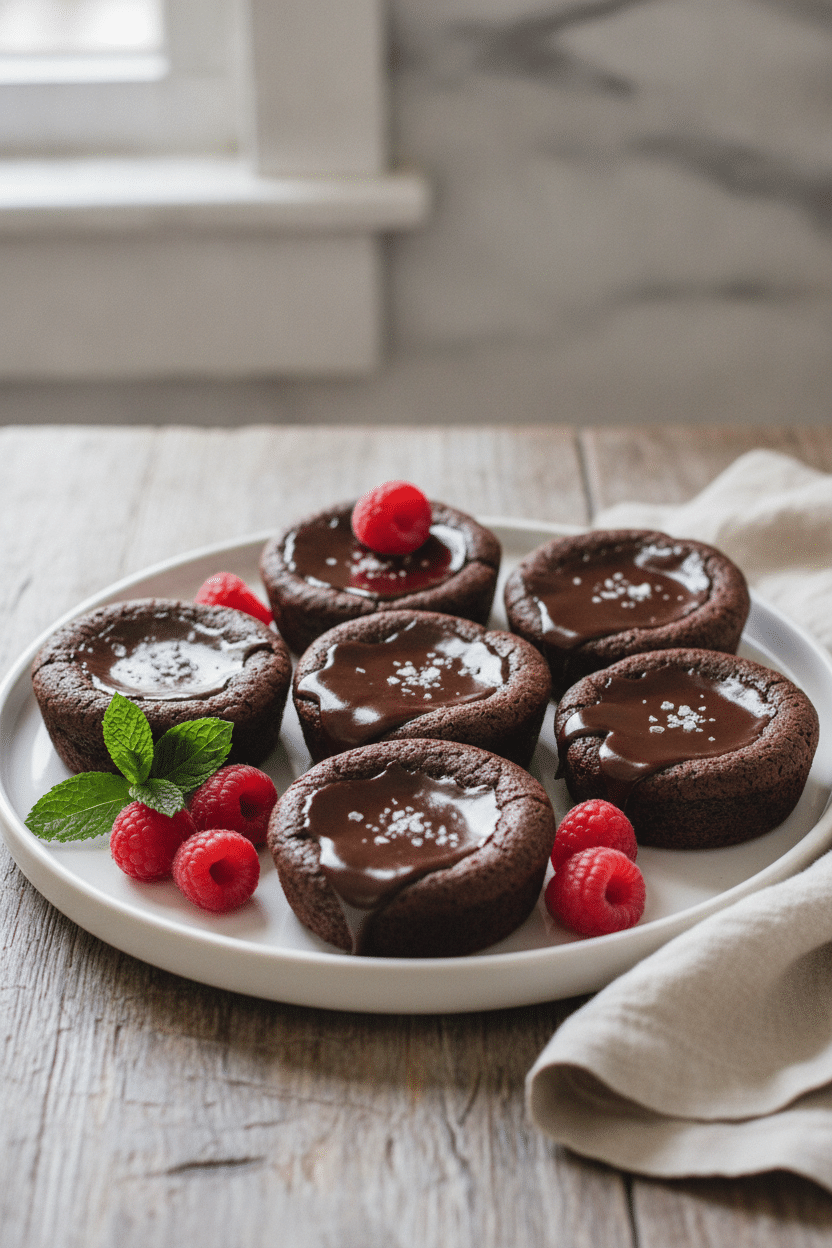 Easy Chocolate Ganache Brownie Cups: finished chocolate ganache brownie cups on a white ceramic platter, glossy dark…