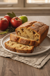 Easy Cinnamon Apple Bread: freshly baked cinnamon apple bread loaf sliced into thick pieces on a simple white ceramic…