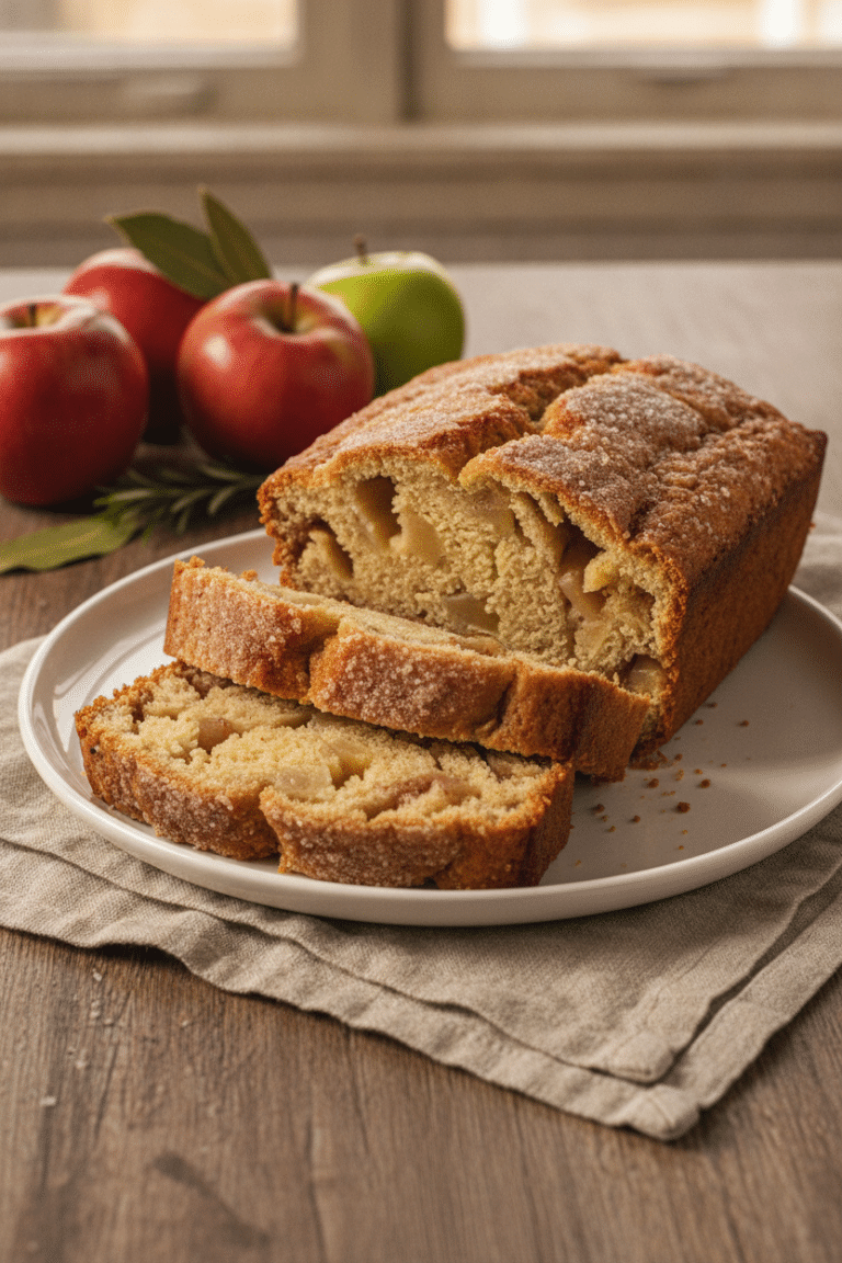 Easy Cinnamon Apple Bread: freshly baked cinnamon apple bread loaf sliced into thick pieces on a simple white ceramic…