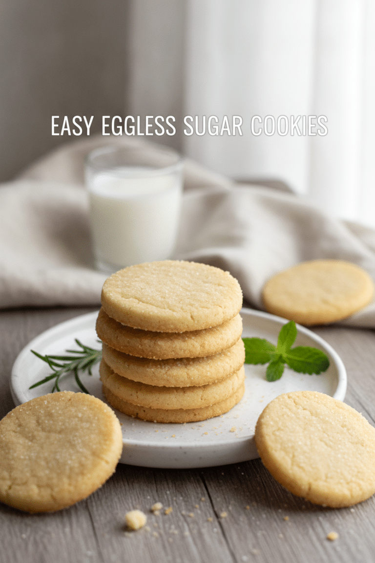 Easy Eggless Sugar Cookies: finished eggless sugar cookies stacked and scattered on a white ceramic plate, lightly…