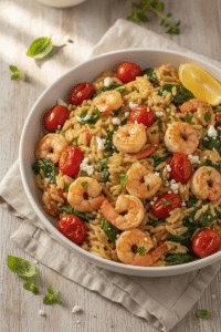 Easy Shrimp Orzo Skillet with Tomatoes: photo-style overhead three-quarter view of finished shrimp orzo skillet served in…