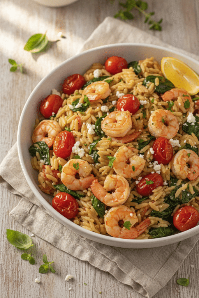 Easy Shrimp Orzo Skillet with Tomatoes: photo-style overhead three-quarter view of finished shrimp orzo skillet served in…