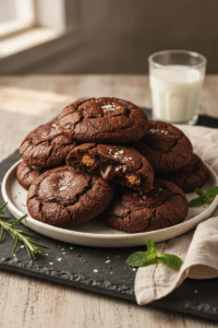 Fudgy brookie cookies stacked on a white ceramic plate, crackly chocolate tops