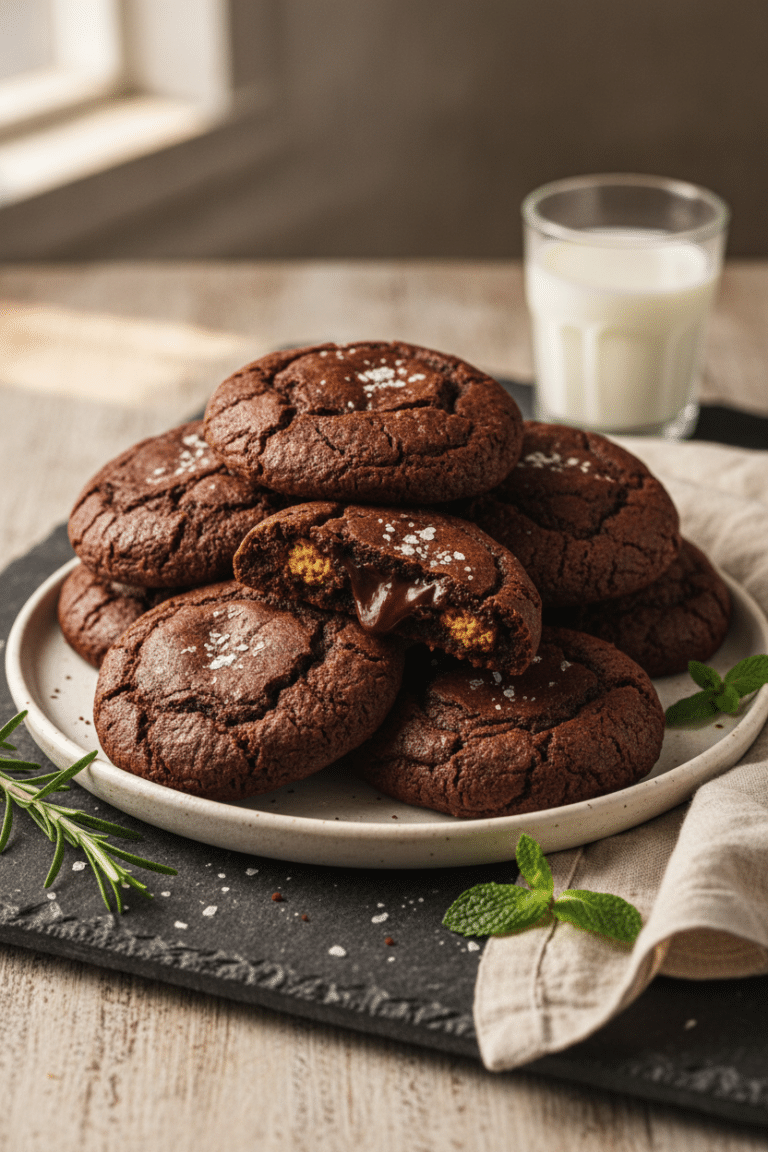 Fudgy brookie cookies stacked on a white ceramic plate, crackly chocolate tops
