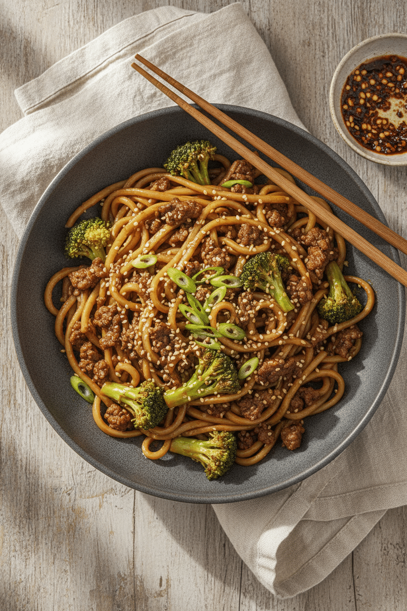 Ground beef and broccoli noodles in a wide matte charcoal ceramic bowl, glossy brown sauce coating thick lo mein noodles