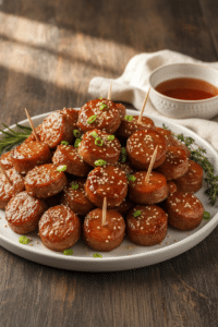 Glossy honey garlic kielbasa bites piled on a white shallow platter, garnished with sliced green onions and sesame seeds