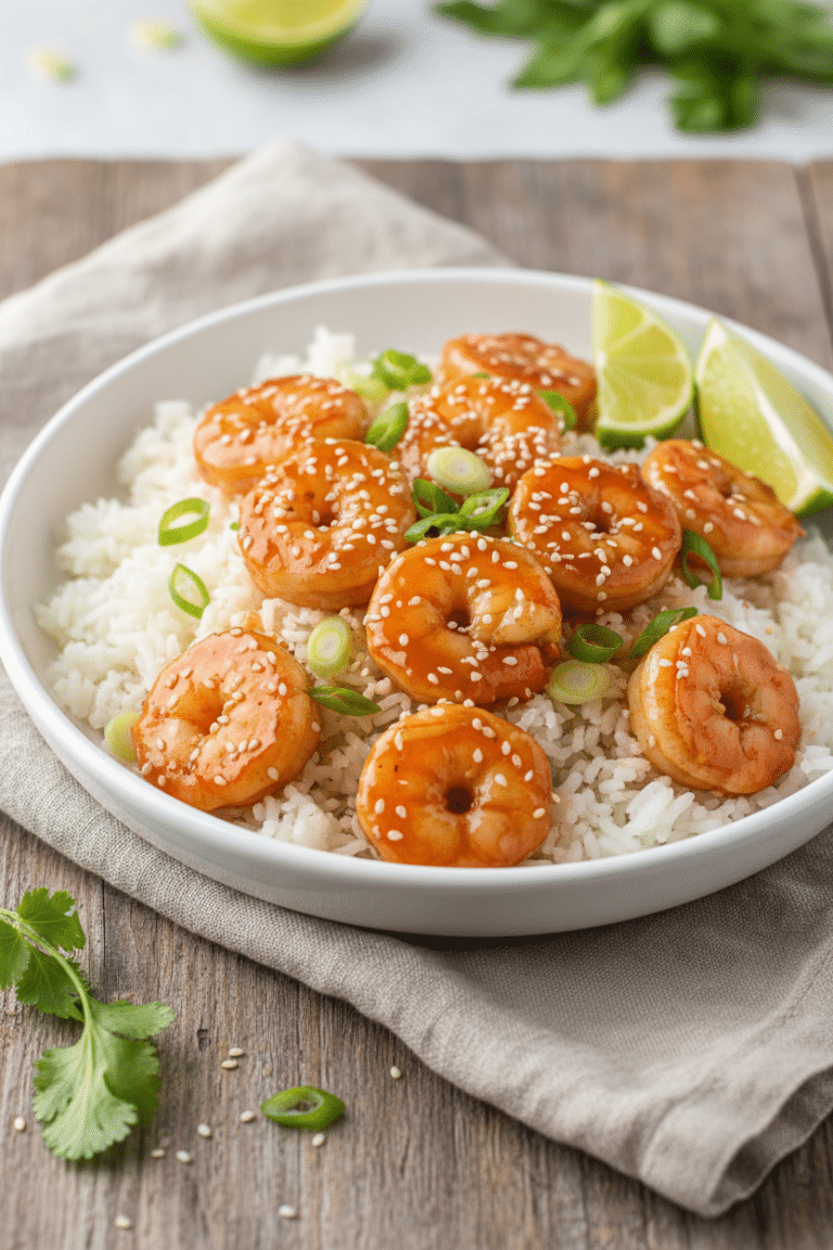 Honey Garlic Shrimp Skillet: honey garlic shrimp served over fluffy white rice in a shallow white bowl, glossy amber…