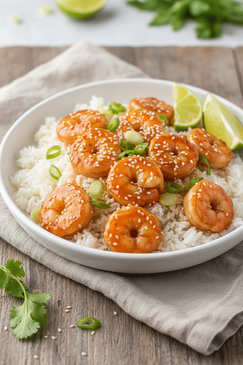 Honey Garlic Shrimp Skillet: honey garlic shrimp served over fluffy white rice in a shallow white bowl, glossy amber…