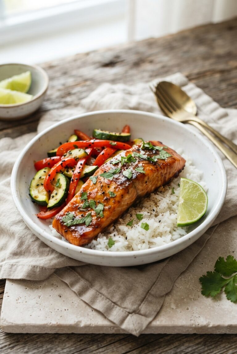 Honey lime salmon rice plates, tender glazed salmon fillet on white rice with sauteed zucchini and red bell pepper