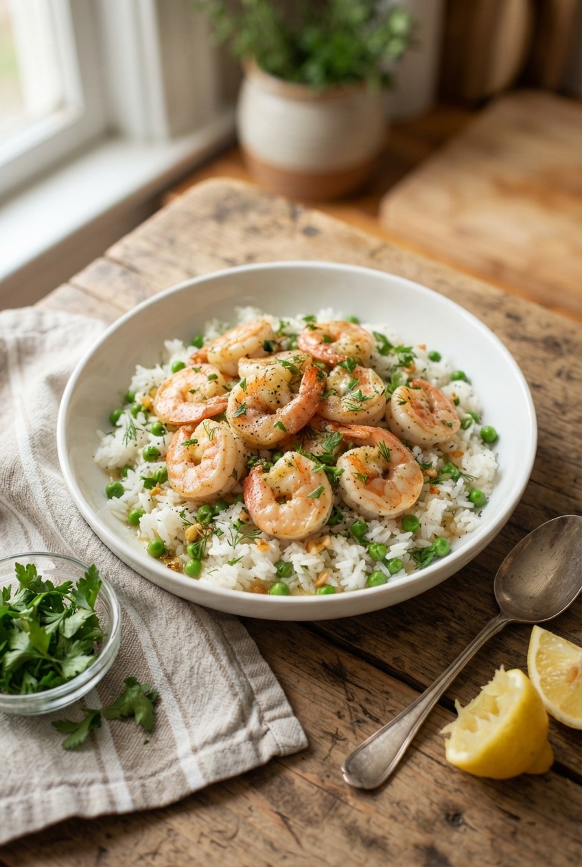 Lemon garlic shrimp rice skillet served in a shallow white bowl, pink shrimp over fluffy rice with green peas