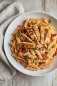 Marry Me Chicken Pasta in a wide shallow white ceramic bowl: penne coated in a glossy blush-orange cream sauce, sliced…