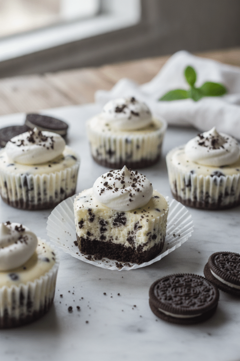 Mini Oreo cheesecake bites in white paper liners arranged on a light marble surface, creamy white filling speckled with…