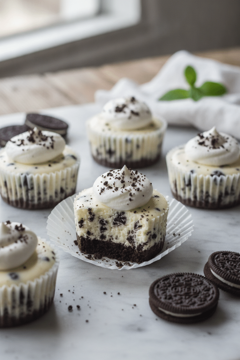 Mini Oreo cheesecake bites in white paper liners arranged on a light marble surface, creamy white filling speckled with…