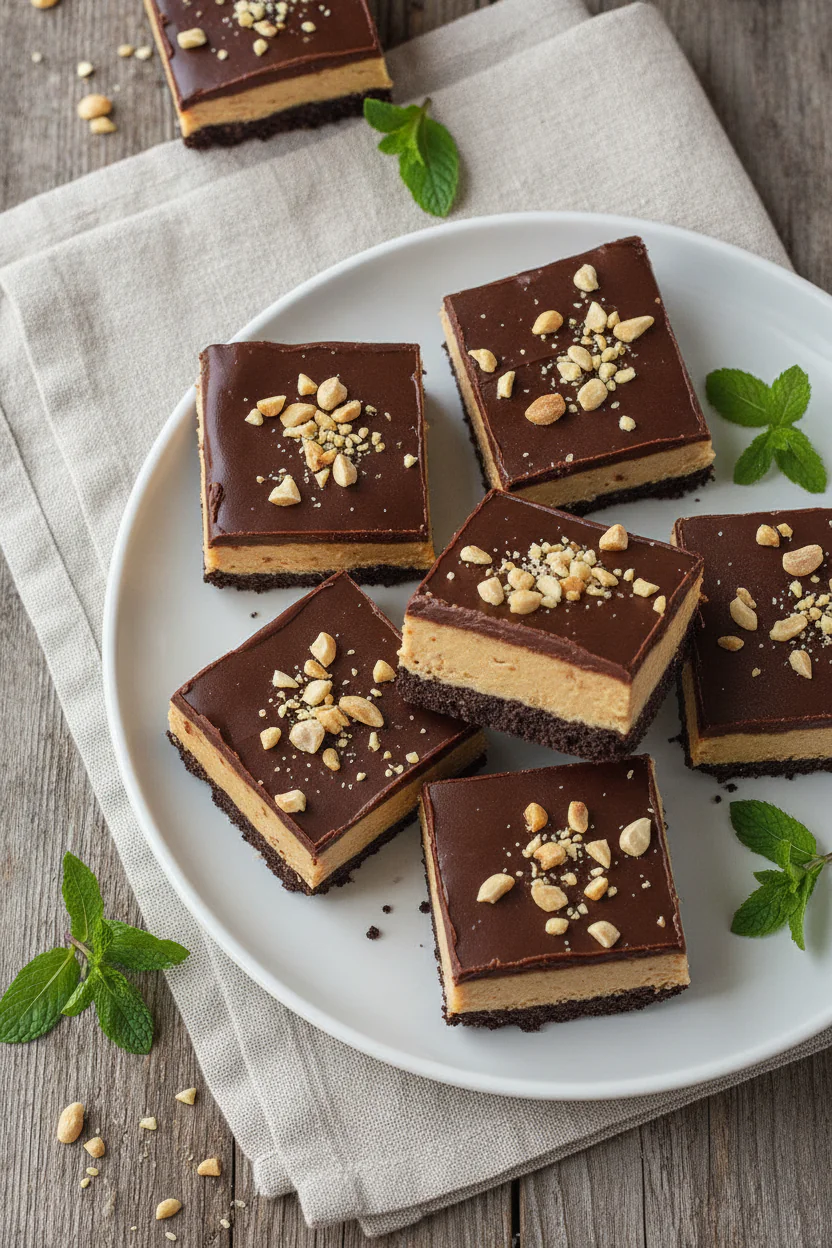 Photo-style overhead and slightly angled view of finished no-bake chocolate peanut butter icebox bars cut into neat…