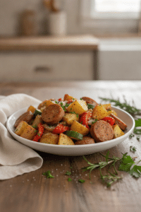 One pan chicken sausage and potato skillet served in a shallow white bowl, with golden potato pieces