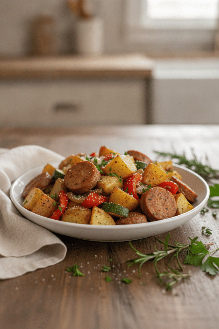One pan chicken sausage and potato skillet served in a shallow white bowl, with golden potato pieces