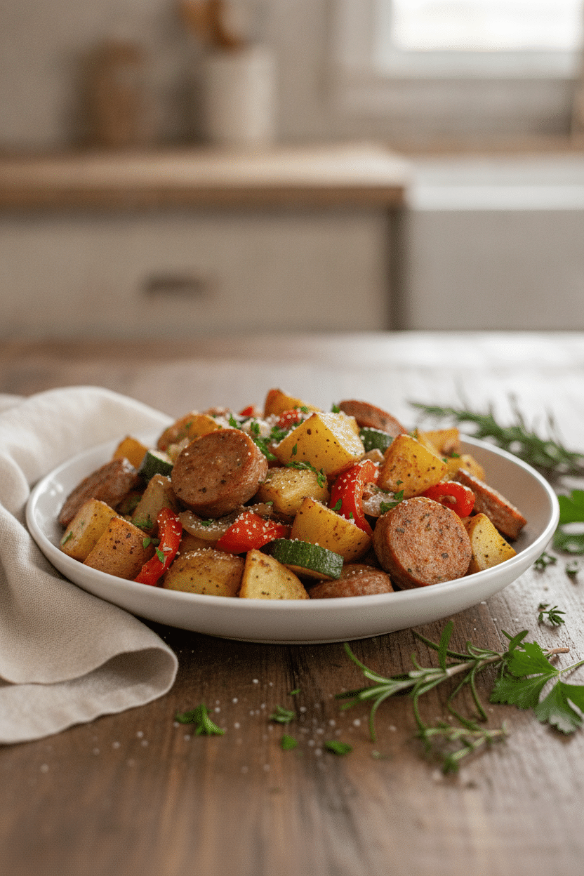 One pan chicken sausage and potato skillet served in a shallow white bowl, with golden potato pieces