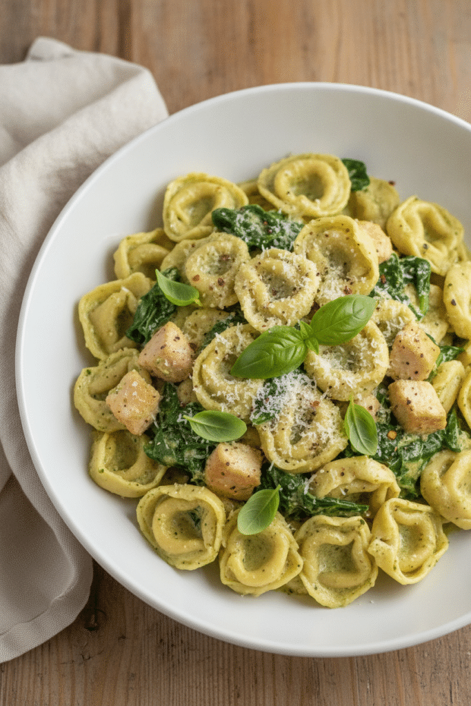 One Pot Creamy Pesto Chicken Tortellini: photo-style overhead three-quarter view of finished creamy pesto chicken…