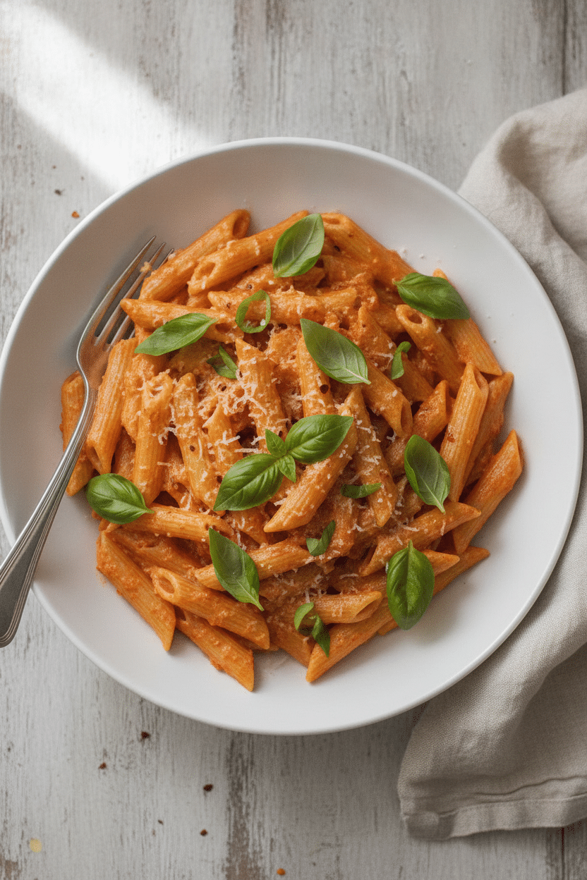 One Pot Creamy Roasted Red Pepper Pasta: creamy roasted red pepper penne in a wide shallow white ceramic bowl, the pasta…