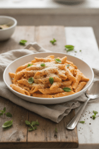 One Pot Creamy Tomato Pasta: creamy tomato pasta in a shallow white bowl, short penne coated in rosy tomato cream sauce