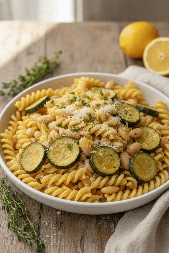 One Pot Lemon Zucchini Pasta with White Beans: natural food photography of finished lemon zucchini pasta with white beans…
