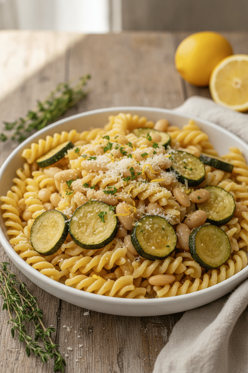 One Pot Lemon Zucchini Pasta with White Beans: natural food photography of finished lemon zucchini pasta with white beans…