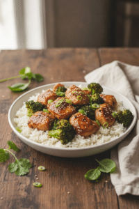 Quick chicken and broccoli rice skillet served in a shallow white bowl, glossy garlic soy chicken pieces and bright…
