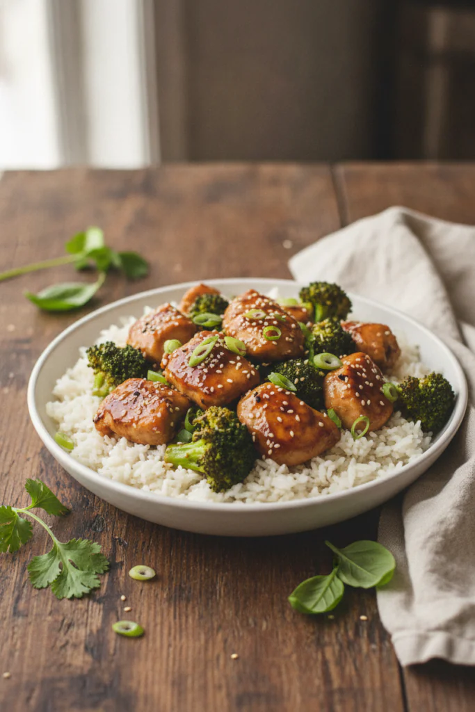Quick chicken and broccoli rice skillet served in a shallow white bowl, glossy garlic soy chicken pieces and bright…