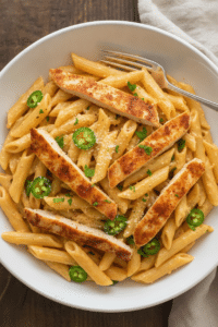 Rattlesnake Pasta with Spicy Chicken and Jalapeños: rattlesnake pasta in a wide white ceramic bowl: penne coated in a…