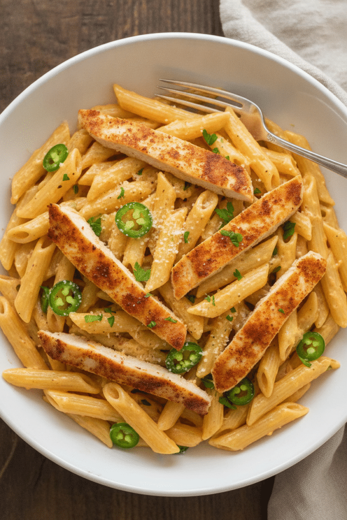 Rattlesnake Pasta with Spicy Chicken and Jalapeños: rattlesnake pasta in a wide white ceramic bowl: penne coated in a…