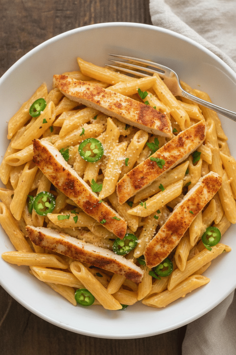 Rattlesnake Pasta with Spicy Chicken and Jalapeños: rattlesnake pasta in a wide white ceramic bowl: penne coated in a…