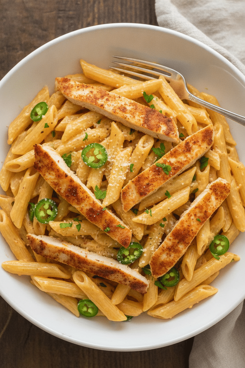Rattlesnake Pasta with Spicy Chicken and Jalapeños: rattlesnake pasta in a wide white ceramic bowl: penne coated in a…