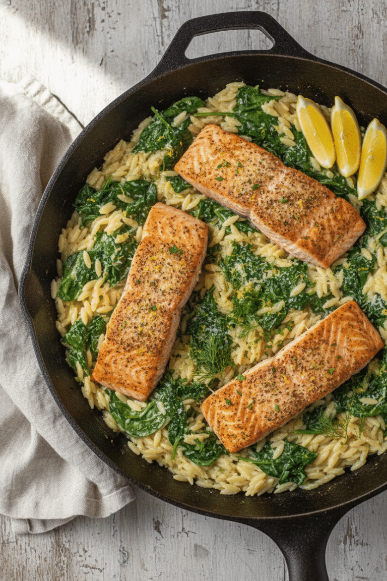 Seared Salmon with Lemon Orzo: wide cast iron skillet filled with creamy lemon orzo with wilted spinach, topped with four…
