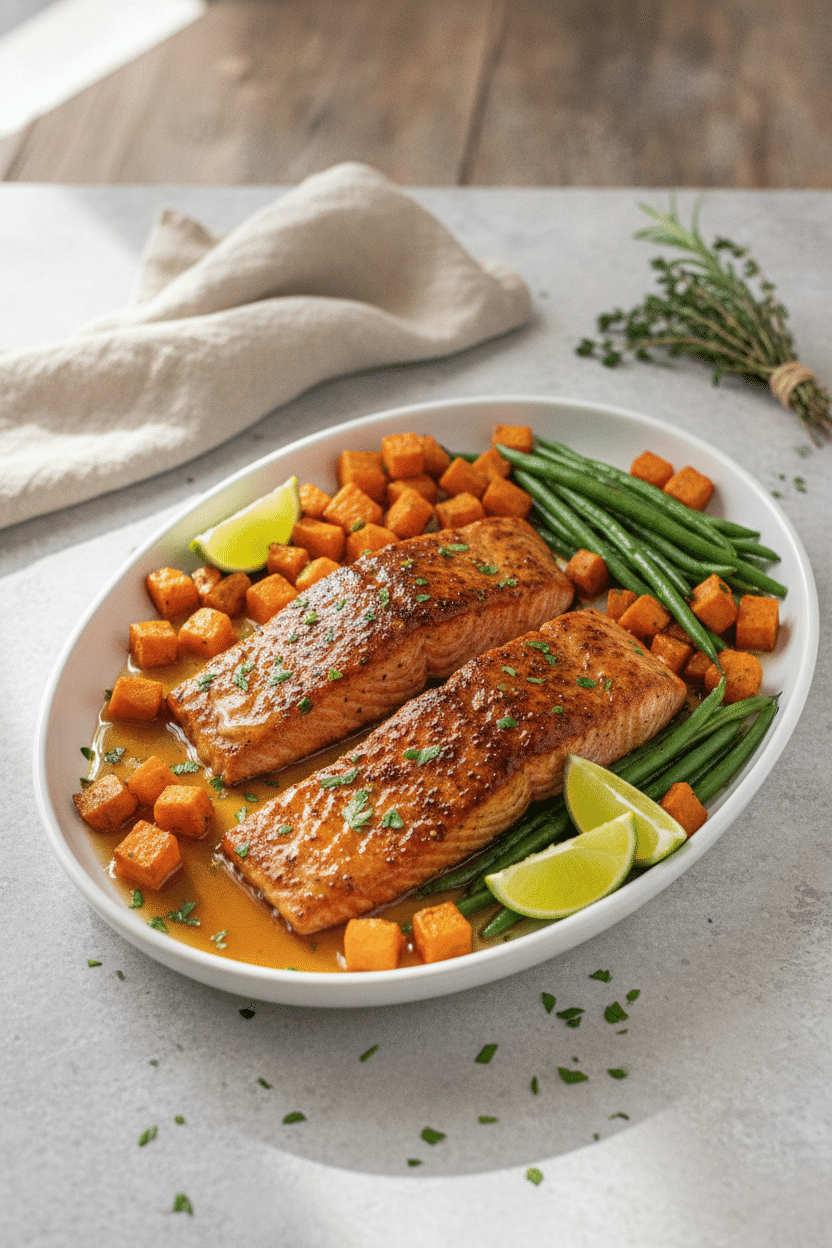 Sheet Pan Cajun Honey Salmon: cajun honey glazed salmon fillets on a white platter with roasted sweet potato cubes and…