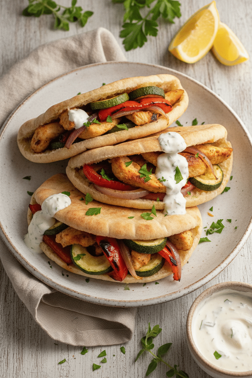 Sheet Pan Chicken Pitas with Garlic Yogurt Sauce: two stuffed pita breads on a rustic white ceramic plate, filled with…