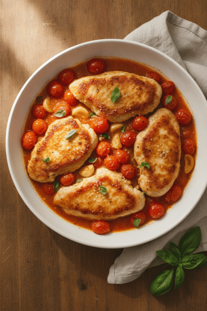 Photo-style overhead view of finished skillet tomato basil chicken, four golden chicken cutlets nestled in glossy cherry…